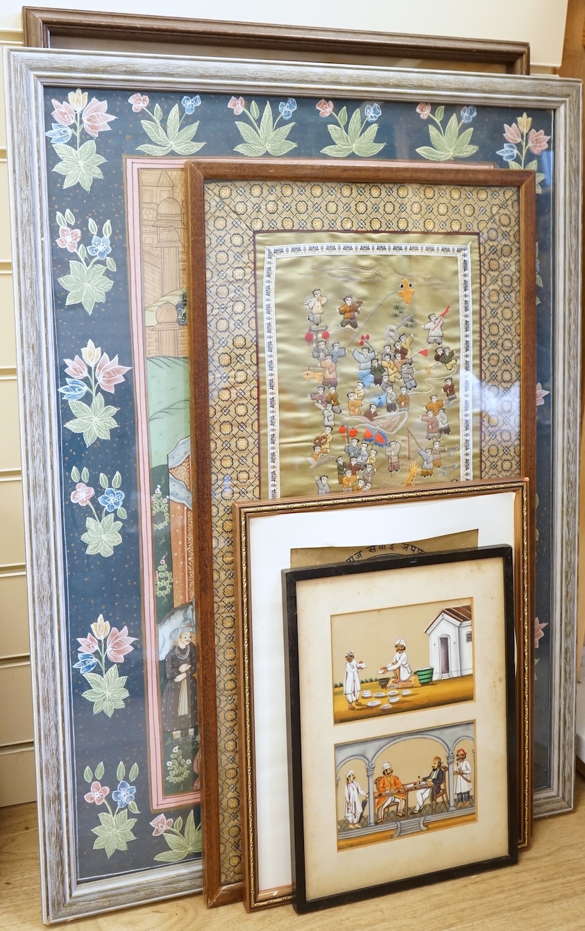 Four Persian and Indian Mughal style watercolours, to include one depicting an emperor and attendants, together with a decorative Chinese silk embroidery, largest 89 x 49cm